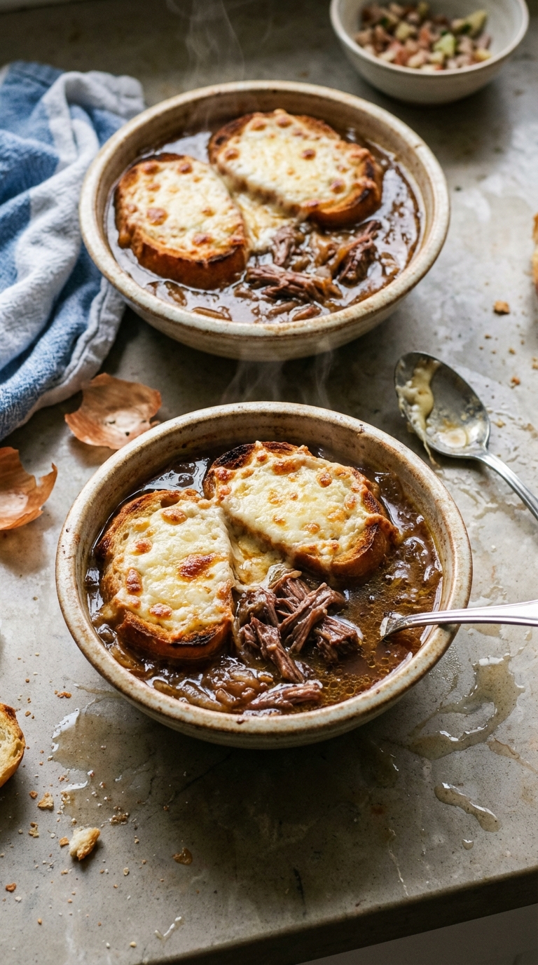 French Onion Soup with Braised Short Ribs and Gruyère