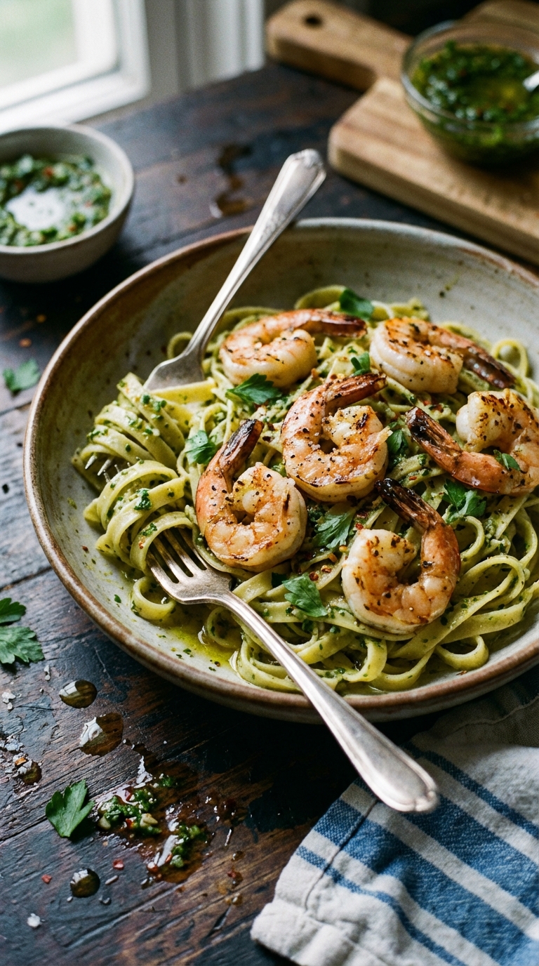 Grilled Shrimp and Chimichurri Fettuccine