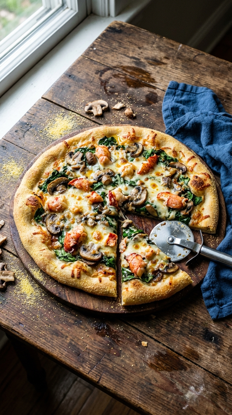 Lobster Pizza with Mushrooms, Spinach, and Gouda
