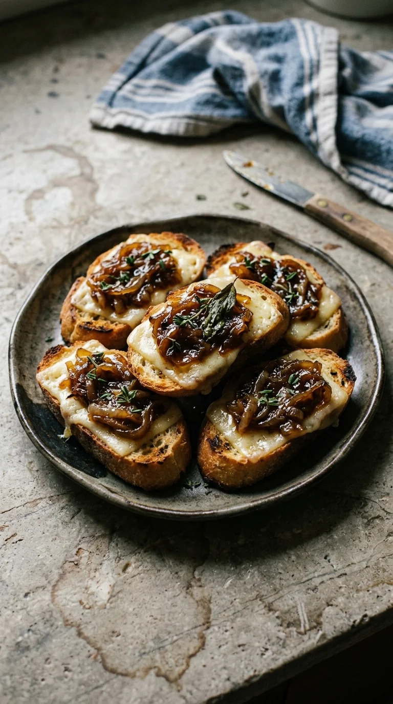 Aged Havarti Crostini with Cider Caramelized Onions