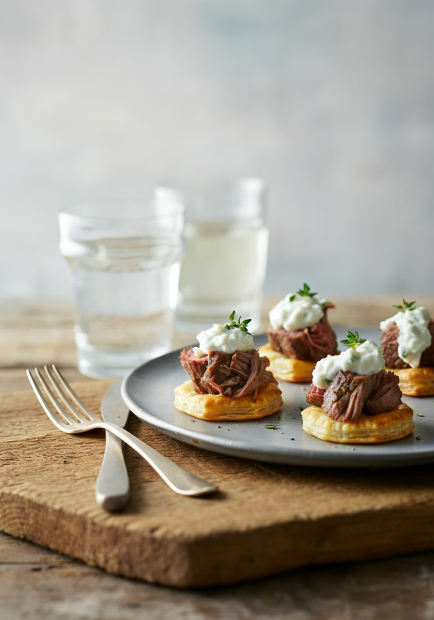 Braised Lamb Bites with Feta Thyme Cream