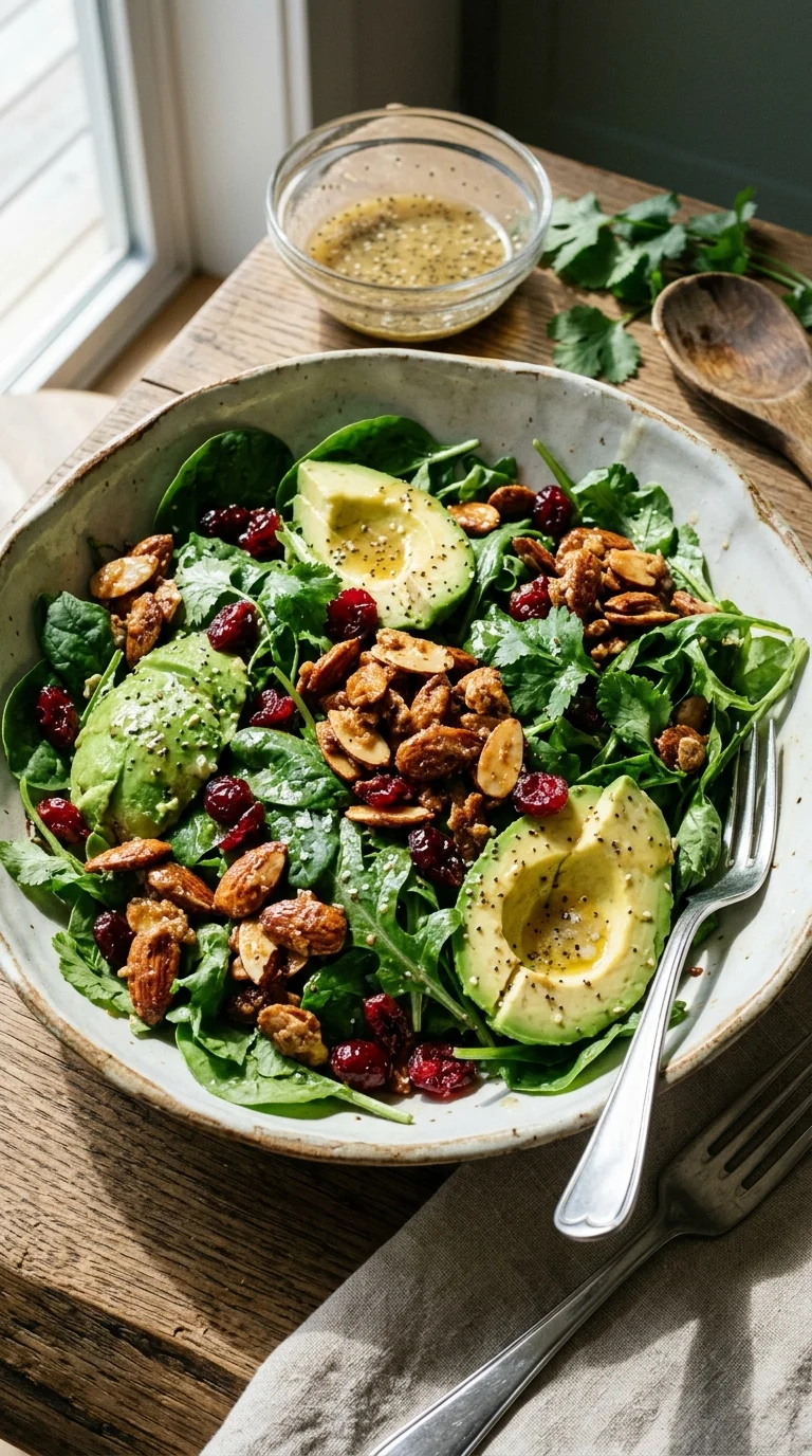 Cranberry and Avocado Salad with Candied Spiced Almonds and Sweet White Balsamic Vinaigrette