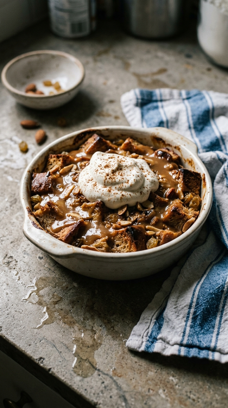 Panettone Bread Pudding with Dulce de Leche Sauce and Whipped Cream