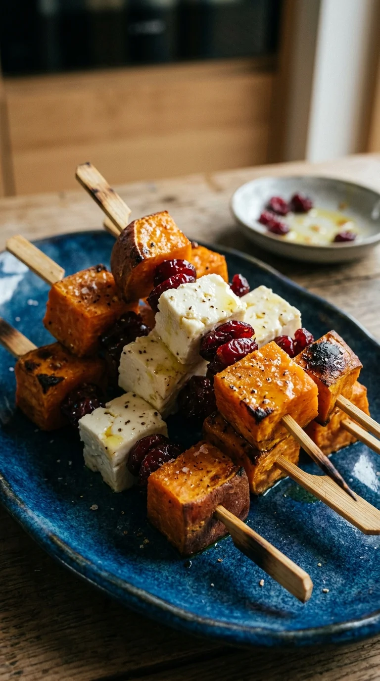 Roasted Sweet Potato, Feta and Cranberry Skewers